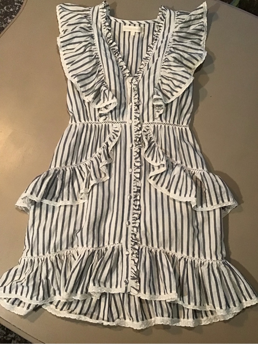LoveShackFancy White and Blue Striped Ruffle Dress